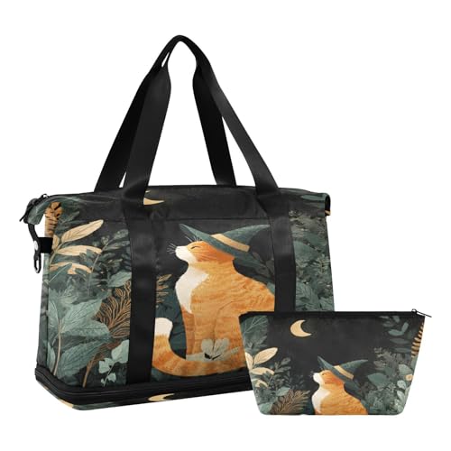 Cat Leaves Black Duffel Bag for Women Men Gym Bag with Shoe Compartment Wet Pocket Carry On Weekender Overnight Bags for Traveling Gym Workout2