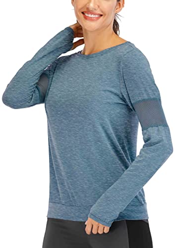 ICTIVE Long Sleeve Workout Shirts for Women Loose fit Workout Tops for Women Running Shirts Women with Thumb Hole Long Sleeve Tee Shirts for Women Yoga Shirts for Women Gym Shirts Light Blue S