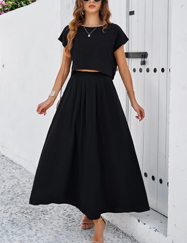 Image of HangNiFang Summer Skirt Sets Women 2 Piece Outfits Cap Sleeve Top Elastic Waist Maxi Dress Sets with Pockets