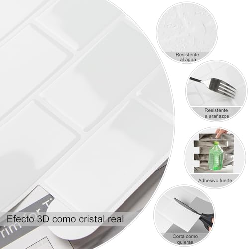 Miniatura 2 de Wostick Vinilos Cocina Azulejos Adhesivos 3d Pegatinas De Baldosas Pared Blanco Para La Cocina Baños 10-Piezas 30.5 X 30.5cm
