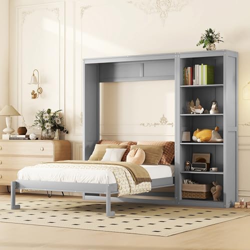 Jintop Queen Size Murphy Bed with Five-Layer Cabinet,Solid Wood Storage Hidden Wall Beds Frame,W/Dual Piston Metal Folding Mechanism Designed,Space-Saving,for Home Office,Study,Guest Room,Gray