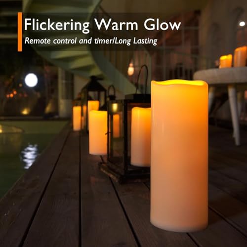 Image of Homemory 12 inch x 5 inch Large Waterproof Outdoor Flameless Candles with Remote Control and Timer, Battery Operated Flickering LED Pillar Candles for Outdoor Larterns, Porch, Long Lasting, Set of 4