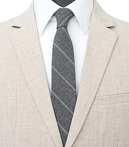 Belluno 2.5 Inch Skinny Tie For Men, Cotton Linen Slim Neckties Gray Stripe #TOP1