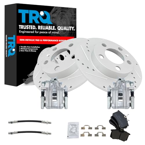TRQ Rear Brake Pad and Rotor Set Semi Metallic Slotted Drilled G Coated Rotors Calipers Compatible with 1999 Volkswagen Jetta