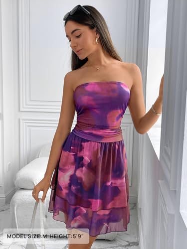 MEROKEETY Women's Summer Floral Strapless Tube Dress Boho Off Shoulder Ruffle Tiered Mini Sundress, Plum, XL — view 4