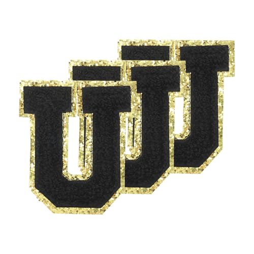 PATIKIL Parches De Letras De Chenilla Para Coser De 3.3 Pulgadas, 3 Paquetes De Parches Autoadhesivos De Chenilla Con Borde Dorado Y Pegatinas Bordadas Para Mochilas DIY, Letra Negra U