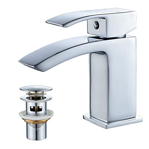 Luckyhome Basin Taps with Waste Mono Bathroom Waterfall Basin Taps Mixer Faucet,Silver