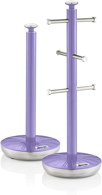 Swan SWKA1054PURN Retro Kitchen Towel Pole and 6 Branch Mug Tree, Purple