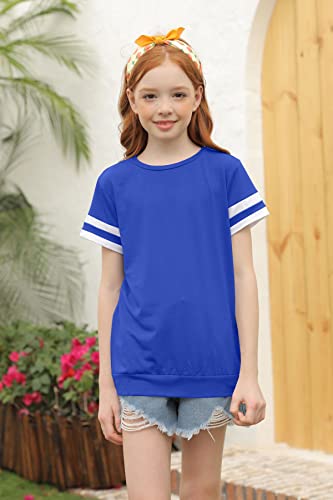 Ebifin Girls Casual Short/Long Sleeve T Shirts Kids Loose Soft Striped Color Block Tunic Tops, Tees Blouses Size 4-15 Years A-Blue #TOP1