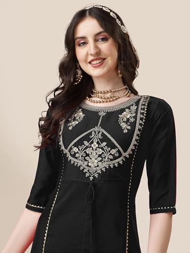 Image of EthnicJunction Women's Chinon Embroidered Straight Front Slit Kurta Palazzo & Organza Dupatta Set | Wedding | Heavy | Outfit | Suit