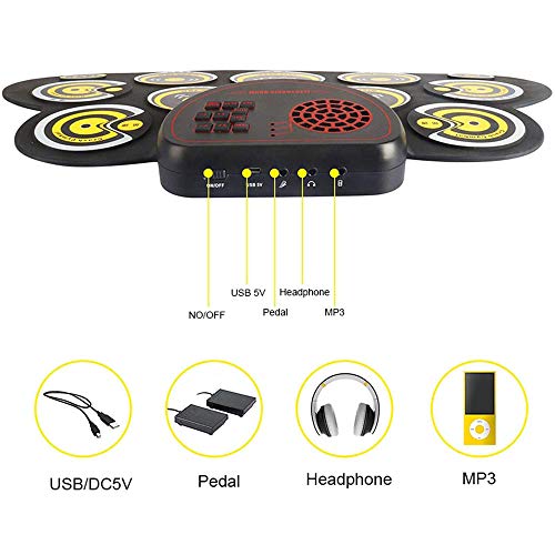 Xunmaiffe Foldable 9 Pads Electric Roll Up Drum Set Foldable Silicon Table Hand Roll Drum Music Instruments, Battery/Usb Powered, With Built-In Speaker For Children Beginners For Beginner, Yellow #TOP3