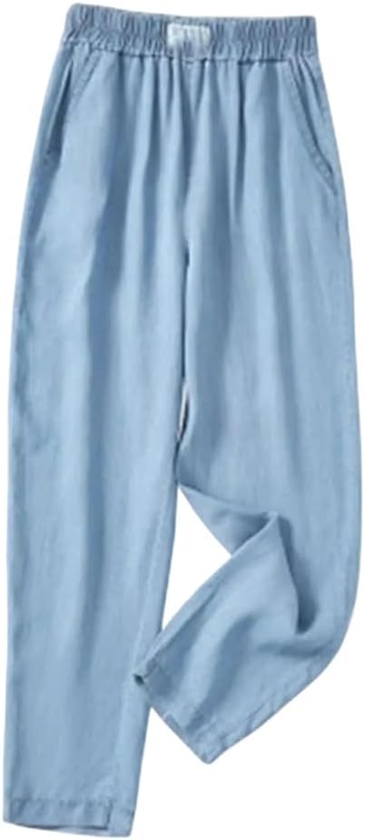 High Waist Elastic Waist Denim Pants Summer Thin Casual Loose Cool Feeling Trousers