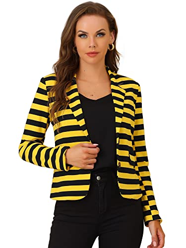 Allegra K Women's Notched Lapel Pocket Button Closure Striped Blazer X-Small Yellow Black #TOP7