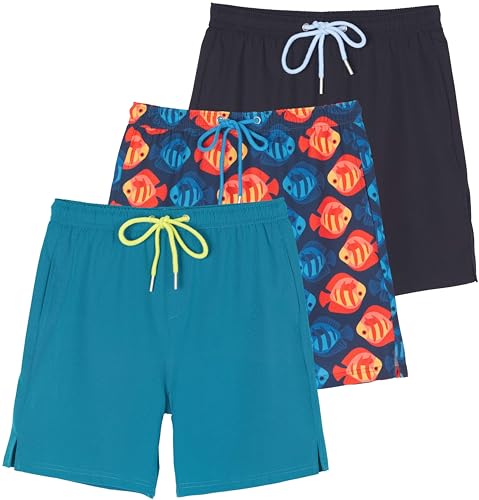 Real Essentials 3 Pack: Boys' 2 in 1 Swim Trunks with Compression Boxer Liner Stretch Beach Board Shorts Quick Dry (Age 4-18)