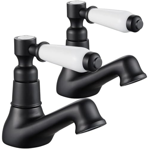 Grifo de pilar para lavabo, 2 agujeros, estilo victoriano, tradicional, doble grifo para lavabo de baño, palanca de cerámica blanca, 2 agujeros, mono, agua fría y caliente, G1/2, negro mate