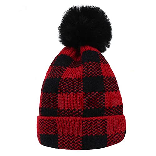 NAYAO Precioso Gorro de Punto con Bola de Piel cálida de Invierno a Cuadros Rojo y Negro, Gorro de Felpa para Padres e Hijos, Gorro para bebé(Adult) Cover