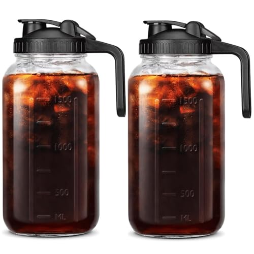 Jarra de jugo de jarro de 2 piezas de 2 piezas de 64 oz, jarra de vidrio a prueba de fugas con tapa y pico para la cerveza fría té café leche materna