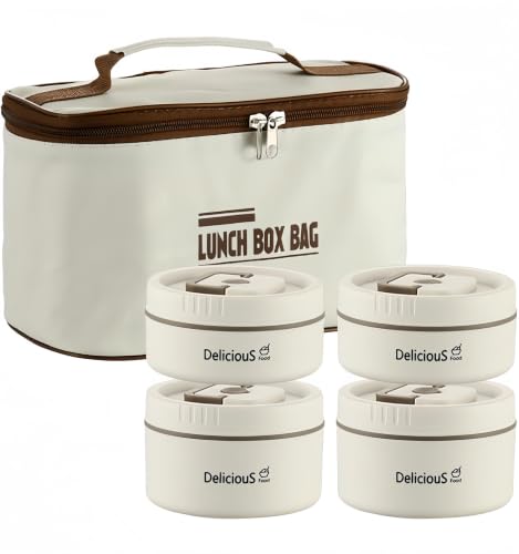 XLRPAT colorful Insulated Lunch Box, 4 Pack Stackable 304 Stainless Steel Round Leakproof Containers, Portable Thermal Bento Box Insulated Bag, 67.6 fl oz, for Work Office Picnic Outdoor(off-white)
