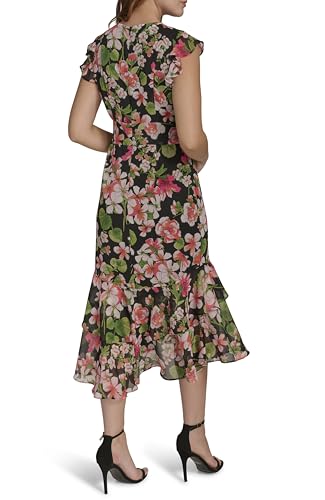 Image of Tommy Hilfiger Women's Flutter Sleeve V-Neck Ruffle Trim Hi-Lo Midi Dress
