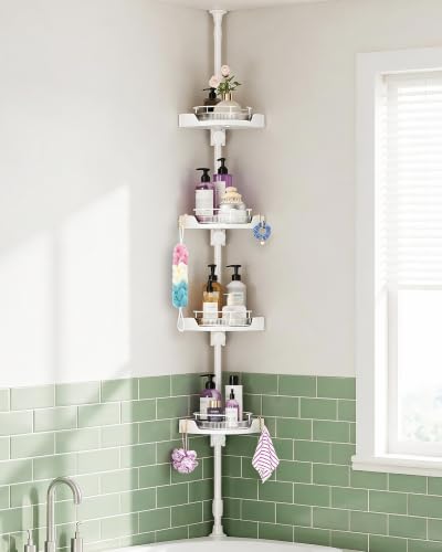 hxbigjin 360°Rotating Corner Shower Caddy Organizer Tension Pole,White | 4-Tier,Rustproof Shower Organizer Corner,No-Drill Tool-Free,Adjustable Height 34-124",Bathroom Shower Shelves Storage Caddy