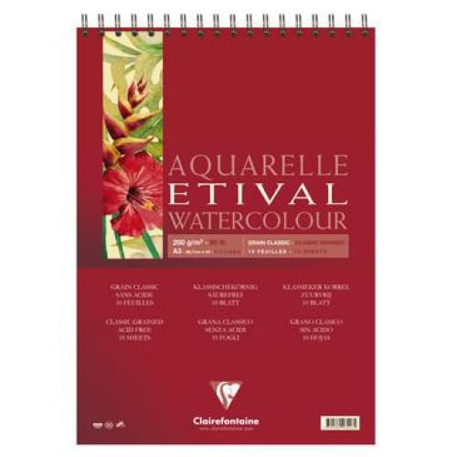 Lot de 5 Bloc spiralé de 10 feuilles de papier aquarelle Etival grain Classic, 200 g/m², A3