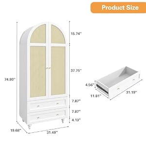 Wardrobe Closet, Rattan Freestanding Bedroom Armoire with 2 Drawers and Hanging Rod, 74.8” Tall Wardrobe Storage Cabinet for Living Room, Bedroom, Apartment (White) Wardrobe Closet Rattan Freestanding Bedroom Armoire with 2 Drawers and Hanging Rod 748 Tall Wardrobe Storage Cabinet for Living Room Bedroom Apartment White
