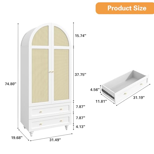 Wardrobe-Closet-Rattan-Freestanding-Bedroom-Armoire-with-2-Drawers-and-Hanging-Rod-748-Tall-Wardrobe-Storage-Cabinet-for-Living-Room-Bedroom-Apartment-White Wardrobe Closet Rattan Freestanding Bedroom Armoire with 2 Drawers and Hanging Rod 748 Tall Wardrobe Storage Cabinet for Living Room Bedroom Apartment White