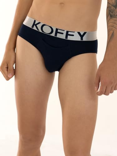 Image of KOFFY Men's Premium Cotton Lycra Brief with Minus Cutting Pouch| Silver Metallic Elastic| 4 Way Stretch| Wrinkle Free| Pack of 1