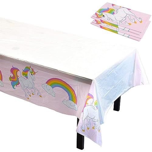 Image of BLUE PANDA Unicorn Tablecloths - 3-Pack, 54 x 108 in, Pink & White Rectangular Plastic Disposable - Birthday Decoration & Rainbow Unicorn Party Table Cover for Kids