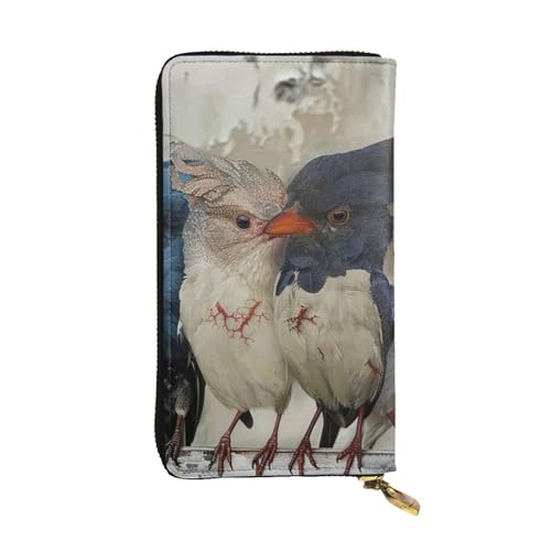 Portefeuille en cuir pour femme avec motif oiseaux et porte-cartes de voyage noir