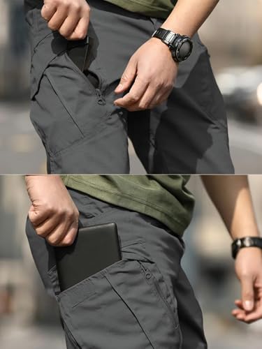 LYRXXX Men's Tactical Cargo Pants Stretch Ripstop Fabric Lightweight Waterproof Multi Pockets Work Hiking Outdoor Casual Pants,Dark Gray (No Belt)