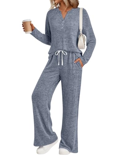 LILLUSORY Womens 2 Piece Lounge Sets Winter Outfits 2025 Sweatsuit Matching Pjs Airport Vacation Travel Fall Pajamas Fashion Blue M