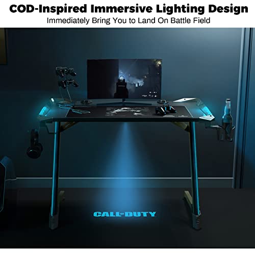 Image of EUREKA ERGONOMIC & Call of Duty UAV Gaming Desk, 45 inch Z Shaped Home Office PC Computer Gamer Table w /LED Light Projector Controller Stand & USB Charger Cup Holder Headset Hook Modern Warfare Mouse Pad