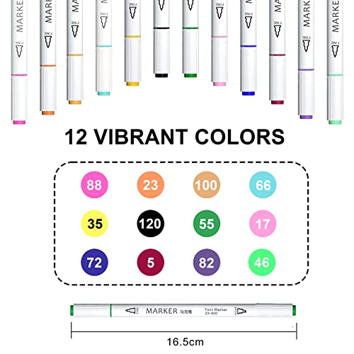 Image of Lakeer Alcohol Markers, Dual Tip Fine and Broad Chisel, Pack of 12 Assorted Colours with Plastic Carrying Case, Ideal for Sketching, Painting, Anime, Manga and Illustration