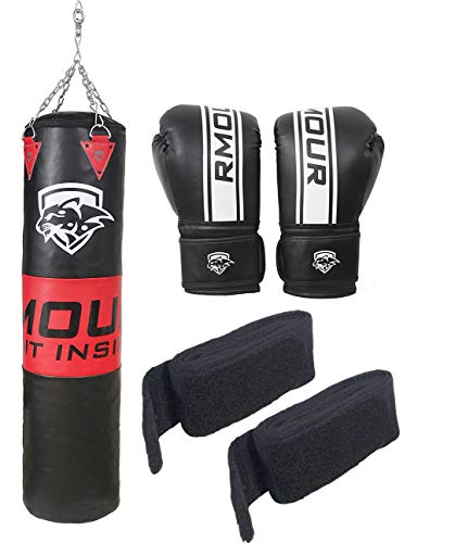 Image of IWIN RMOUR Unfilled Black Red Heavy PU Punch Bag Boxing MMA Sparring Punching Training Kick Boxing Muay Thai with Hanging Chain, Boxing Gloves and Hand Wraps (6 FT), red Black