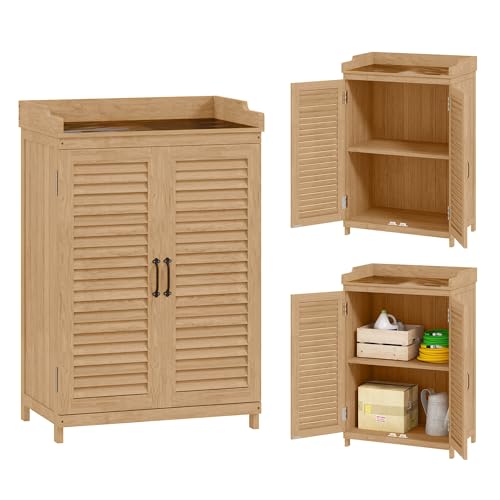 Outsunny Gartenschrank Holz, Geräteschuppen mit Arbeitsfläche, wetterfest Geräteschrank, 65,5x40x98,5cm, Gerätehaus mit Lamellentür, Ablagen, Werkzeugschrank Gartenschuppen für Garten, Terrasse, Gelb