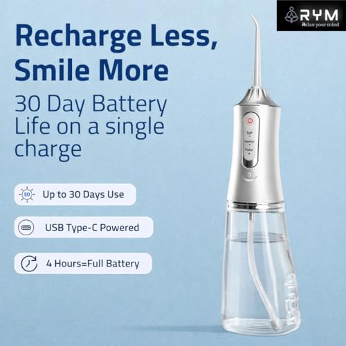 Image of RYM Water Flosser for Teeth | Dental Water Flosser Portable with 245ml Tank, 3 Modes, 4 Nozzles, USB Type-C Rechargeable, Waterproof Electric Flosser for Teeth Cleaning, Braces & Gum Care