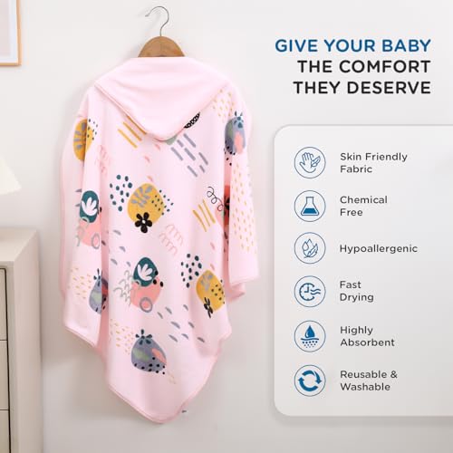 Image of Mee Mee Hooded Baby Bath Towel for New Born | Wash Cloth, Quick Absorbent, Can be Used for Baby Swaddling, Extra Soft Cotton Towels for Kids /Toddlers /Infants /Babies, Pack of 1, (Pink Rain) 80X80 CM