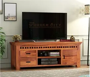 THE WOODEN CITY Solid Sheesham Wood Tv Unit | TV Stand | TV Cabinet with Open & Close Storage for Living Room and Hotel Furniture - Teak Finish