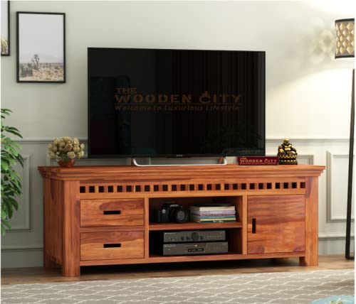 Image of THE WOODEN CITY Solid Sheesham Wood TV & Entertainment Unit for Living Room & Hotel Room and Office Furniture (Wood Finish 6)