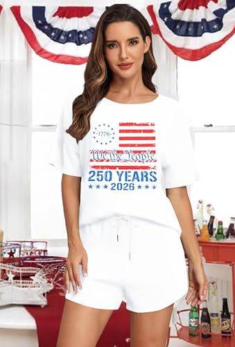 Image of VILOVE 4th of July 2 Piece Sequin Outfits Women 250 Anniversary Usa Shirts and Short Sets Casual Patriotic Shirt Summer Set