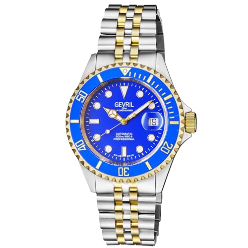Gevril Men Wall Street Swiss Automatic Watch with Stainless Steel Strap, Two Toned YG, 20 (Model: 4856B), Blue