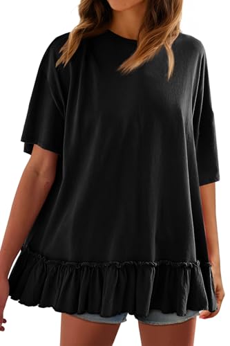 Tankaneo Womens Peplum Oversized Tshirt Summer Casual Pleated Shirt Dress Crew Neck Flowy Beach Tunic Tops