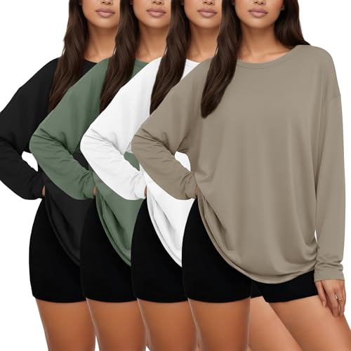 Siimcuzy 4 Pack Women's Long Sleeve Oversized T Shirts Crew Neck Basic Casual Fall Tops Workout Fashion Y2K Clothes 1 Black 1 White 1 Khaki 1 Army Green Large