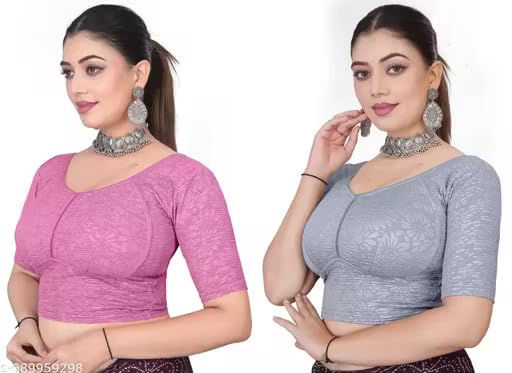 Women's Cotton Saree Blouse Readymade Style, Stretchable Fabric Construction, Round Neck Pattern, Pull-On Wear and Half Sleeves-image-34