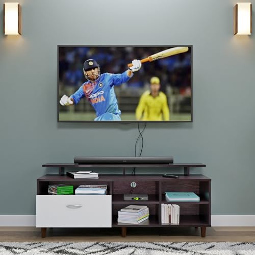 Image of VIKI Modern TV Unit for Living Room | Engineered Wood TV Cabinet with 1 Drawer Storage, 2 Open Shelves & Extension, Entertainment Unit, 140W x 48H x 40D cm | DIY | 1 Year Warranty (Wenge & White)