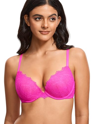 DOBREVA Women's Push Up Bra Eyelash Lace Sexy Cleavage Underwire Support Plunge Bras4