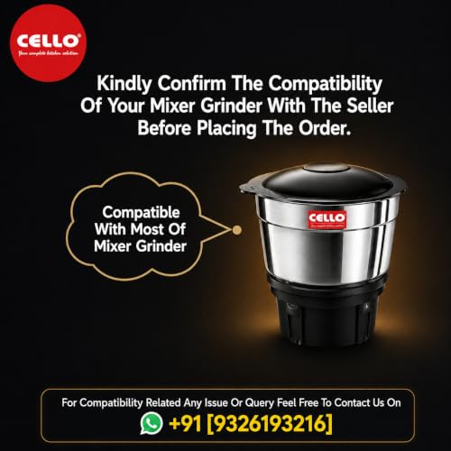 Image of CELLO Stainless Steel Chutney Jar 400ml for Mixer Grinder | Leak-Proof Lid | Food-Grade SS Body | 4 Teeth Compatible | Heavy Duty Grinding Jar for Chutney, Masala & Spices