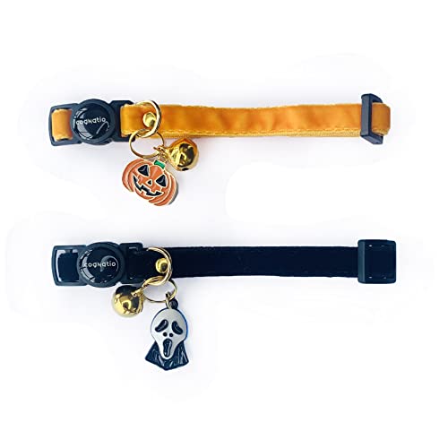 Image of Safety Quick Release Cat Collars,Double Velvet with Bell Available in a Range Colors,Perfect for Your Kitty, Adjustable 20-30 cm (20-30cm, Halloween Set)