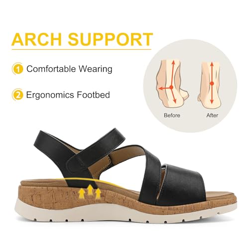 Image of UBFEN Womens Low Wedge Walking Sandals with Arch Support | Open Toe Sandals Adjustable Instep and Ankle Straps for Summer Everyday Outfits, Travel,Vacation